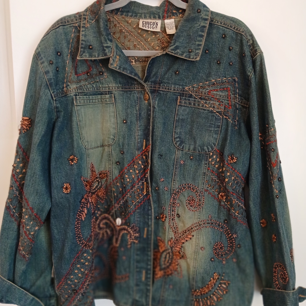 Chico's Embellished Jean Jacket - Blue and Brown